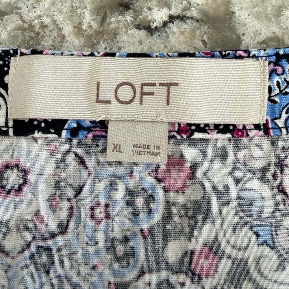 Loft Women's Flounce Dress Short Sleeve Blue Pink Floral Buttons Ruffle Size XL - Picture 11 of 12